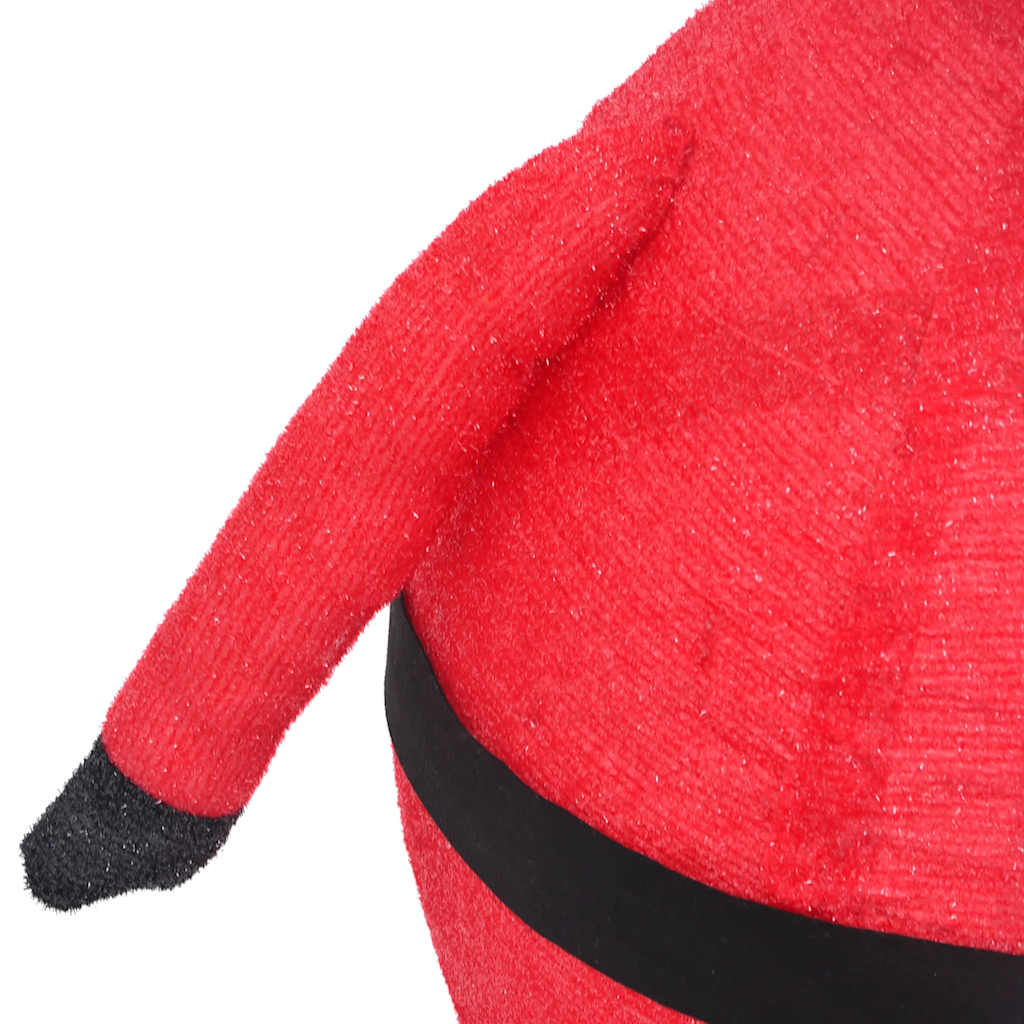Red fabric Santa Claus figure with black belt and gloves on a steel frame.