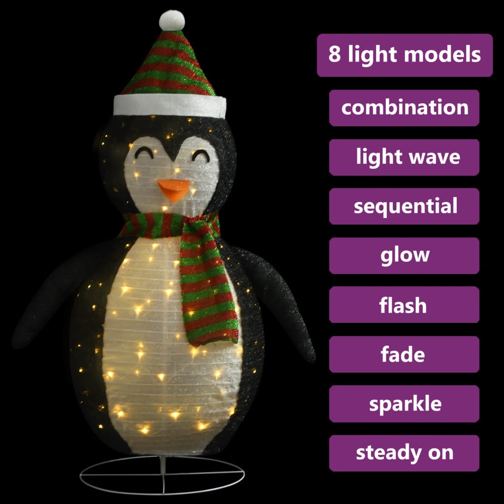 2ft LED snow penguin figure in black and white fabric with red hat, scarf, and 8 light modes.