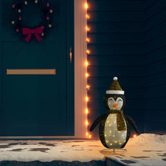 2ft LED snow penguin figure in black and white fabric with scarf, hat, and lights on a snowy porch.