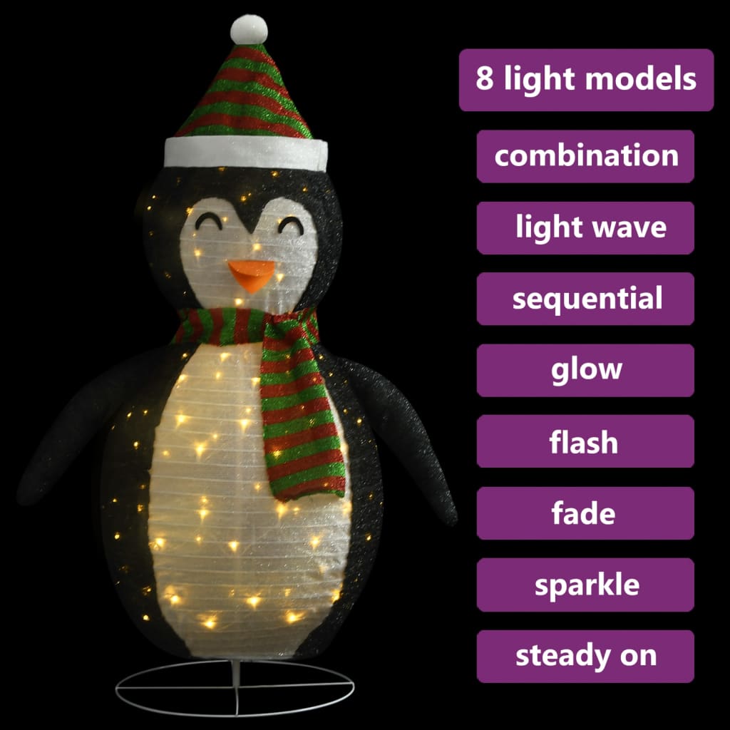 4ft LED snow penguin figure in black and white fabric with red hat and scarf, featuring 8 light modes.