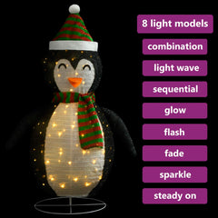 4ft LED snow penguin figure in black and white fabric with red hat and scarf, featuring 8 light modes.