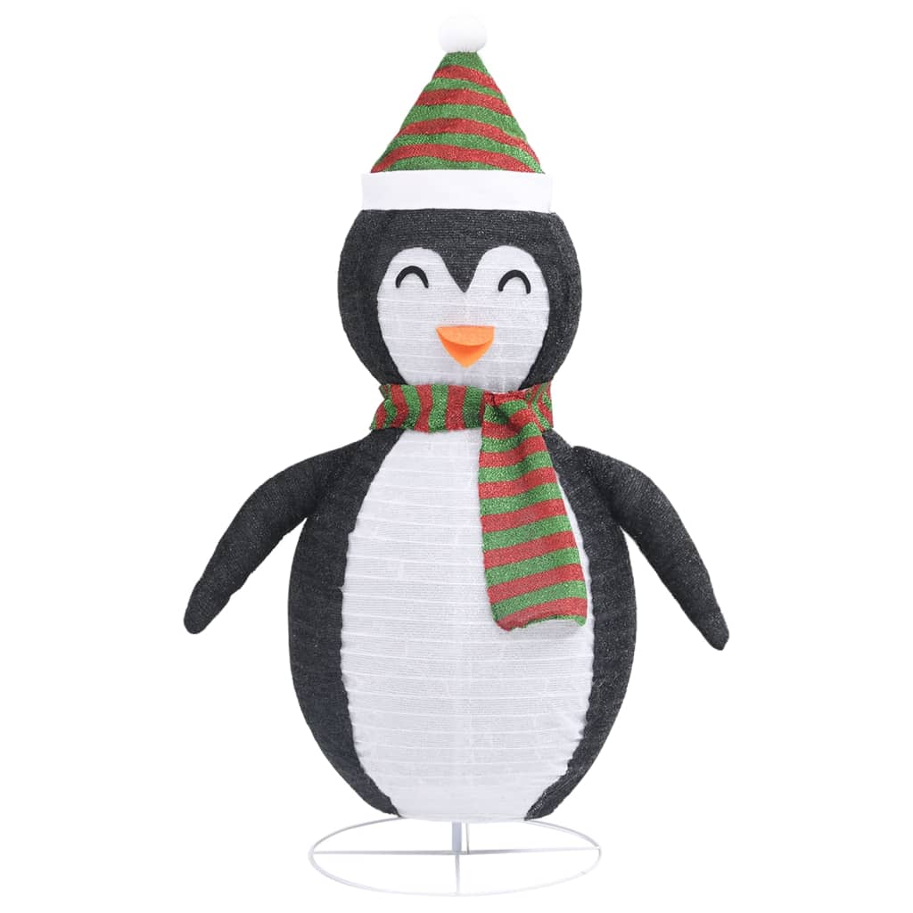 Black and white 4ft LED penguin figure with green and red hat and scarf on steel base