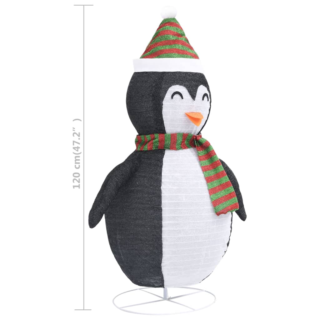 4ft black and white LED snow penguin figure with green hat and scarf on stand.