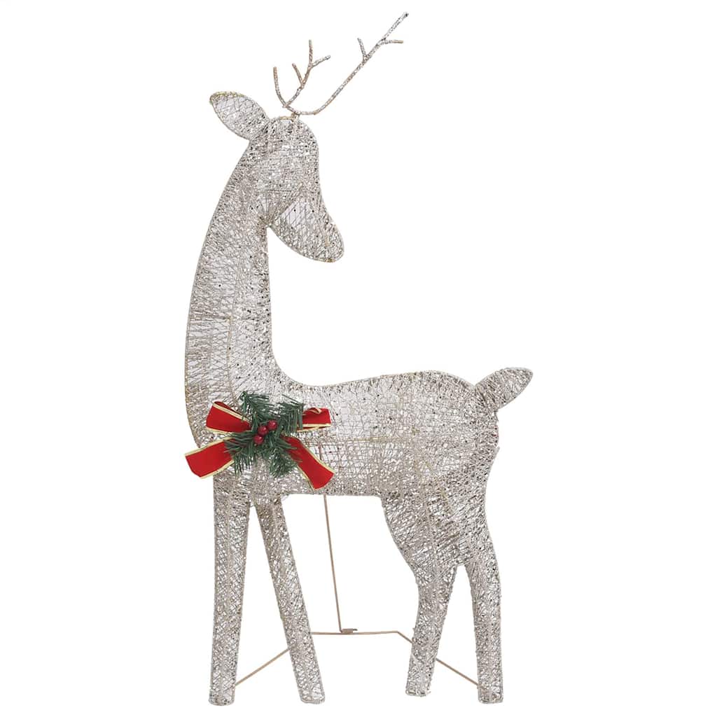 A gold wireframe reindeer decoration with a red bow and green holly.