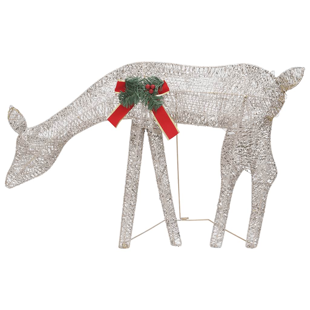 A gold wireframe reindeer decoration with a red and green bow on its back.