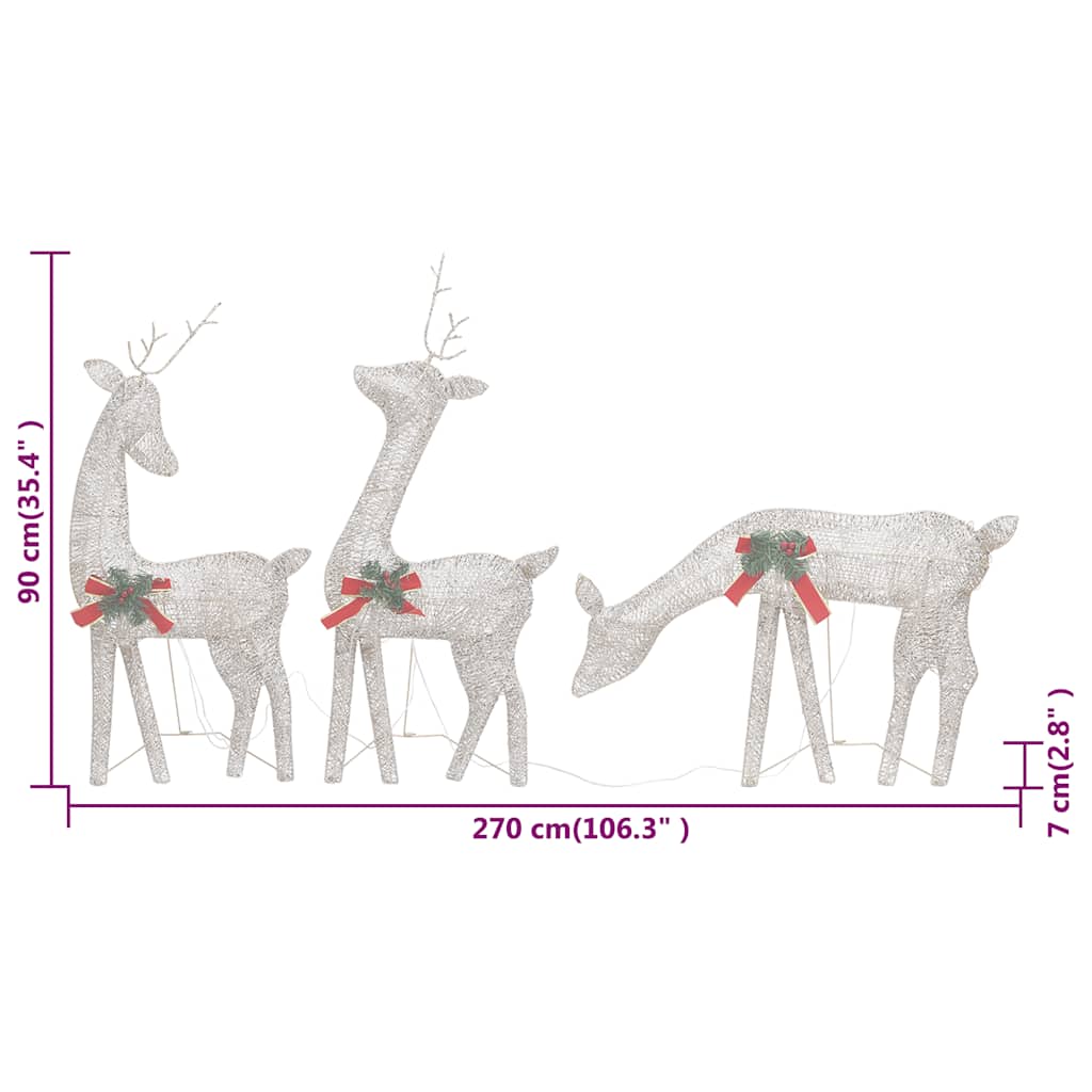Three gold reindeer figures with red bows and warm white LEDs, measuring 90cm, 35cm, and 270cm tall.