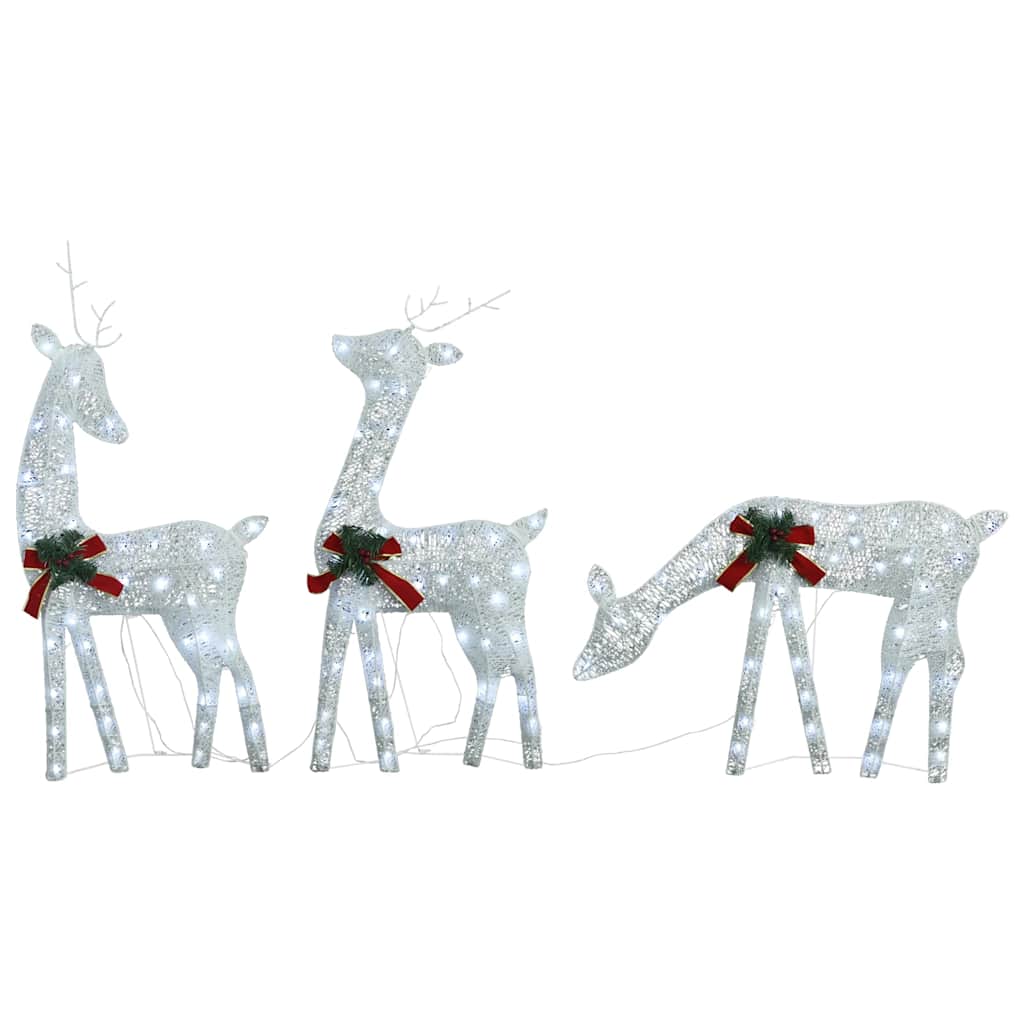 A family of three reindeer decorated with cold white LED lights for outdoor holiday display.