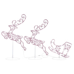 Acrylic flying reindeer and sleigh with warm white LED lights on stands.