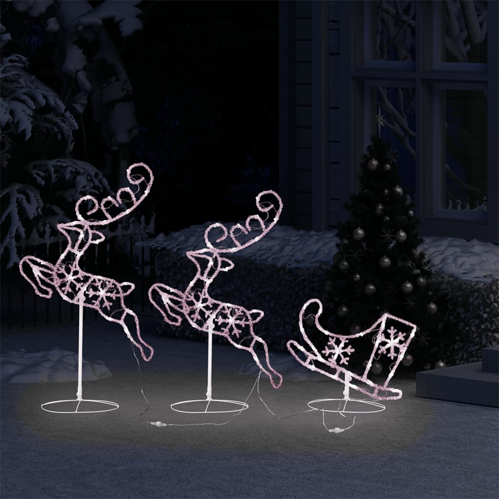 Acrylic flying reindeer and sleigh with warm white LED lights for Christmas decor.