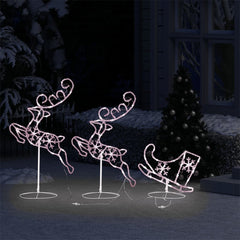 Acrylic flying reindeer and sleigh with warm white LED lights for Christmas decor.