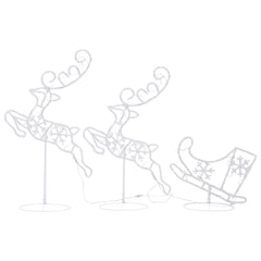 Acrylic flying reindeer and sleigh with warm white LED lights on stands.