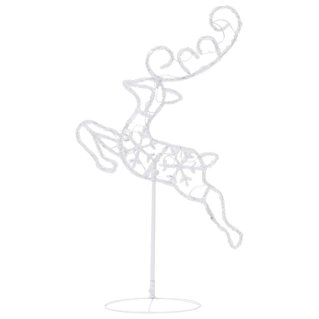 Acrylic flying reindeer and sleigh Christmas decor with warm white LED lights.