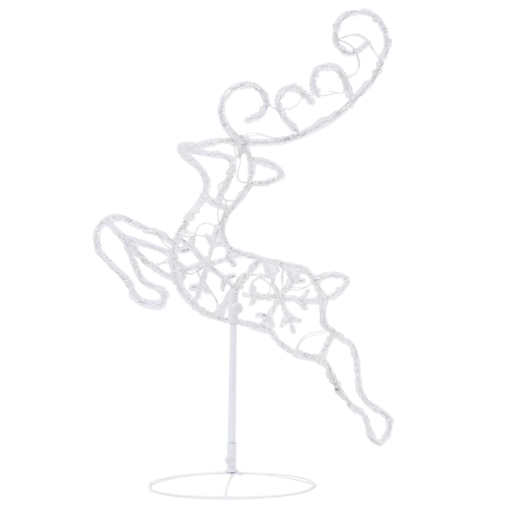 Acrylic flying reindeer and sleigh with warm white LED lights on a stand.