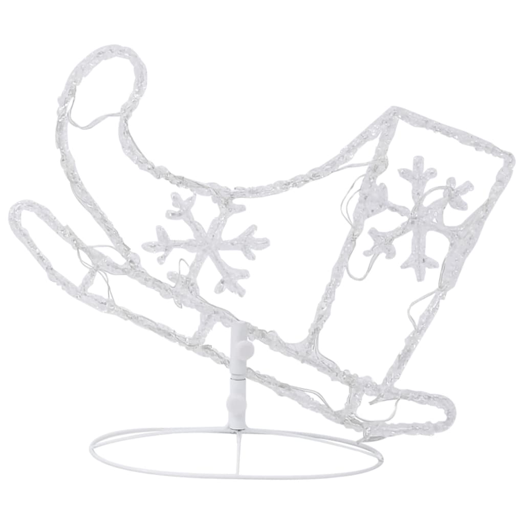 Acrylic flying reindeer and sleigh with warm white LED lights on stand.
