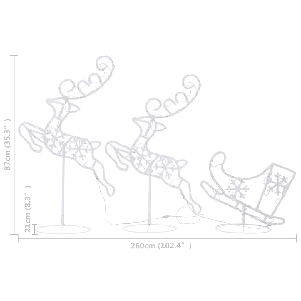Acrylic flying reindeer and sleigh with warm white LED lights, 260 cm wide.
