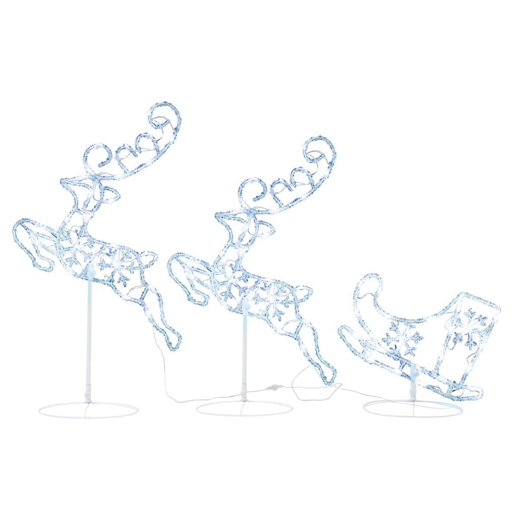 Acrylic flying reindeer and sleigh Christmas decoration with cold white LEDs.