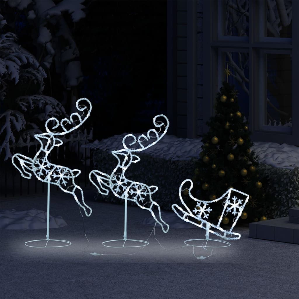 Acrylic flying reindeer and sleigh Christmas decoration with cold white LEDs.