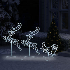 Acrylic flying reindeer and sleigh Christmas decoration with cold white LEDs.