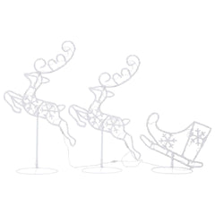 White LED-lit acrylic flying reindeer and sleigh Christmas decoration with stand.