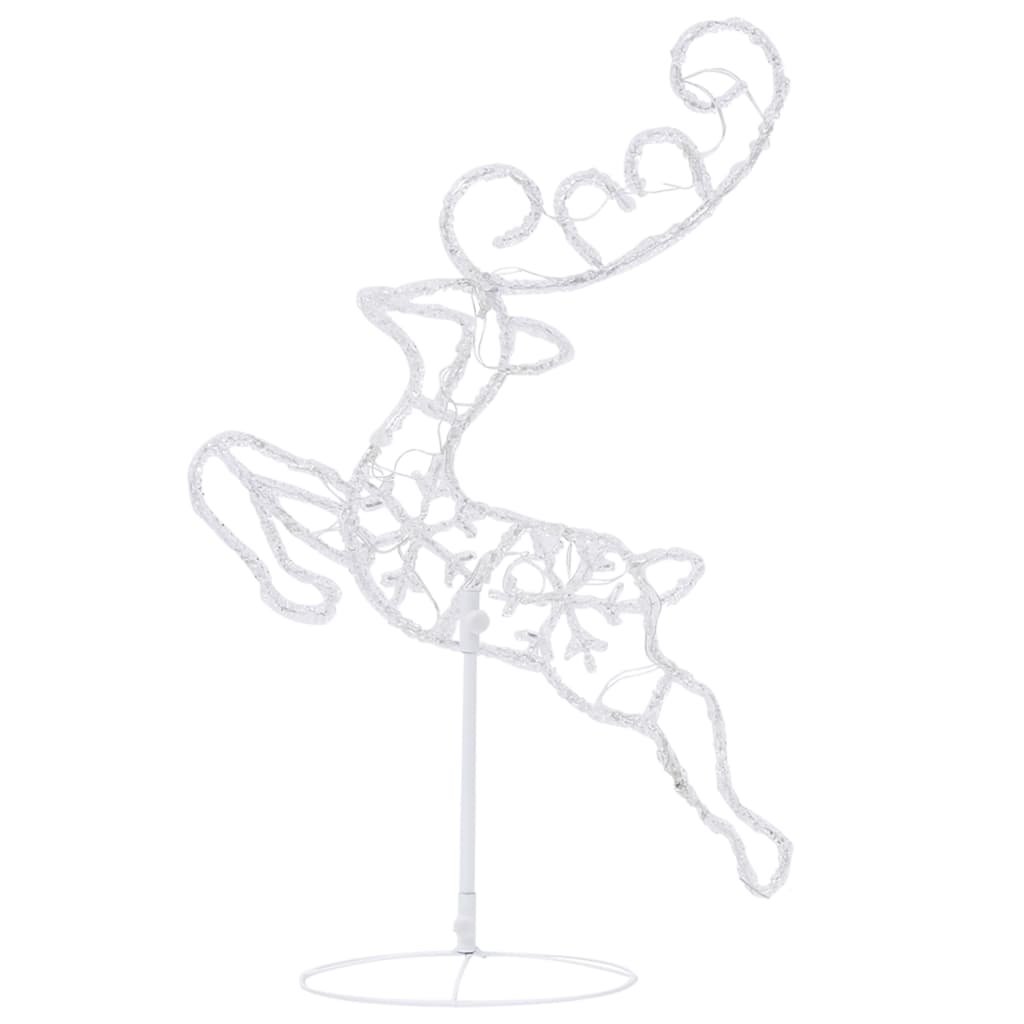 Acrylic flying reindeer and sleigh Christmas decoration with cold white LED lights.
