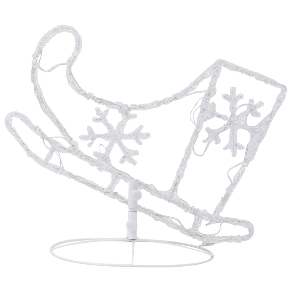 Acrylic flying reindeer and sleigh Christmas decoration with cold white LEDs on a stand.