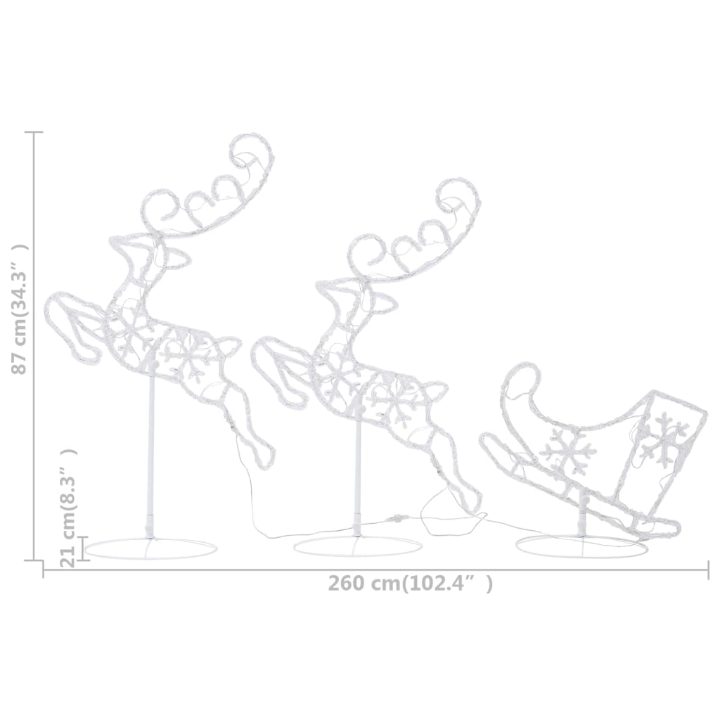 Acrylic flying reindeer and sleigh Christmas decoration with cold white LEDs, 260 cm wide.