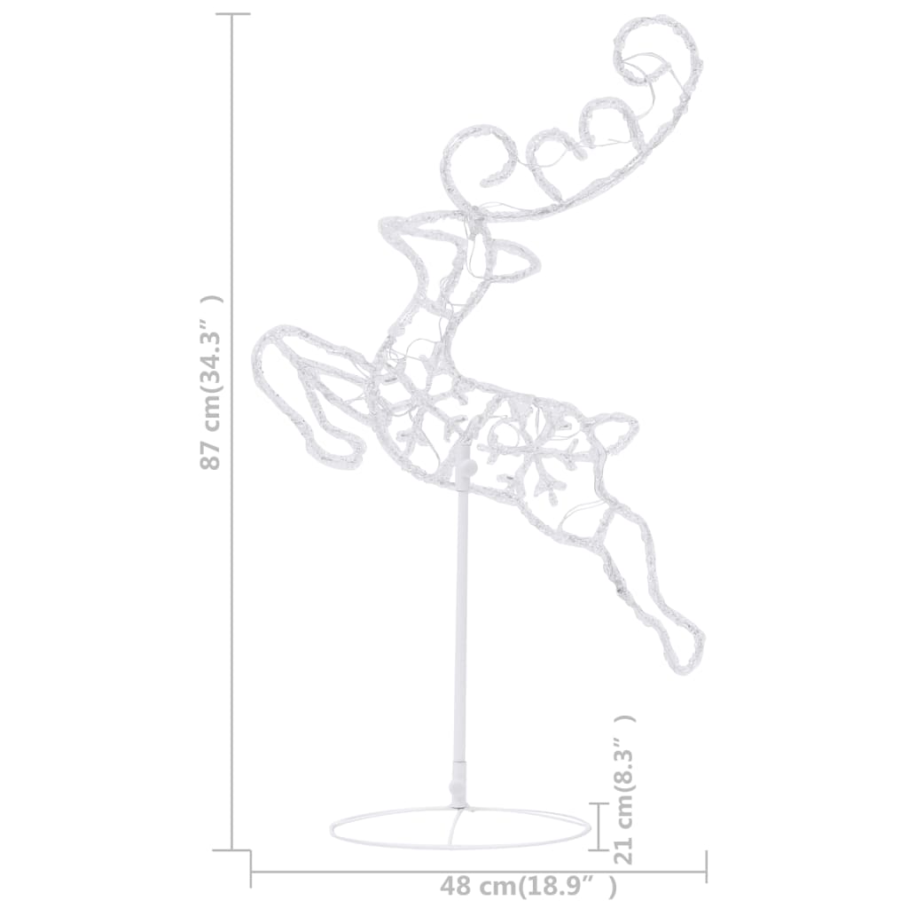 White wire reindeer Christmas decoration on stand, 48 cm tall with measurements.