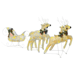 Golden reindeer and sleigh Christmas decoration with 100 warm white LEDs for outdoor use.
