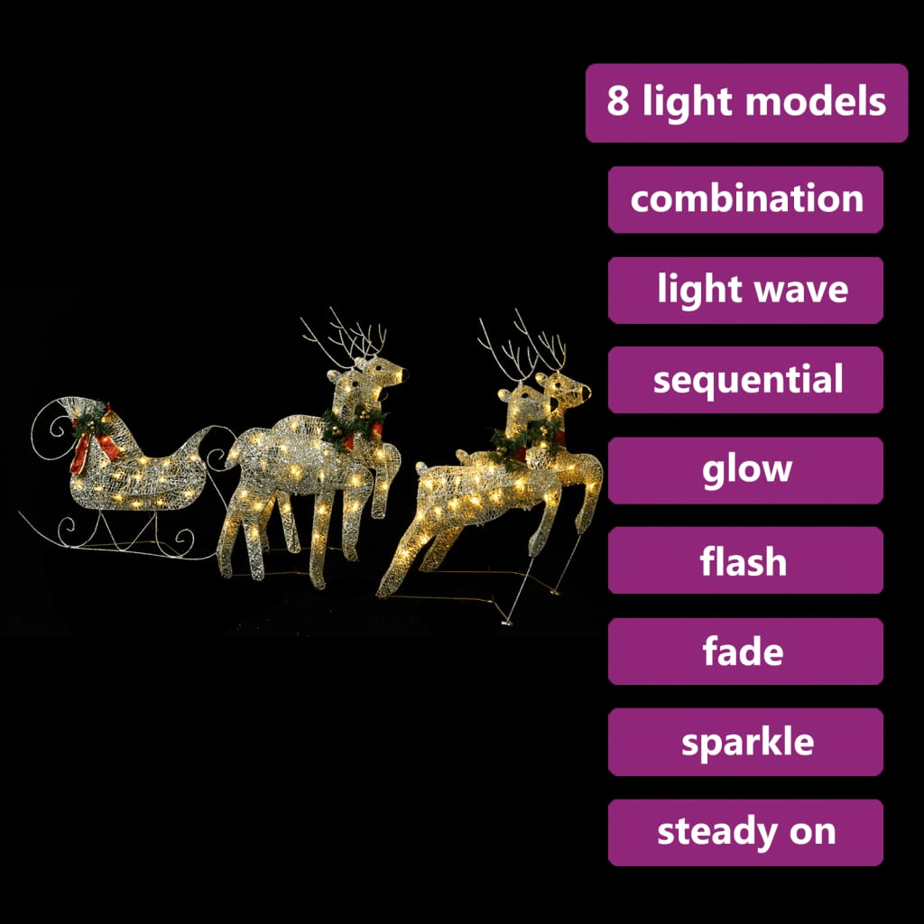 Gold reindeer and sleigh Christmas decoration with 100 warm white LEDs and 8 light effects.