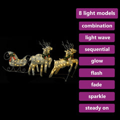 Gold reindeer and sleigh Christmas decoration with 100 warm white LEDs and 8 light effects.