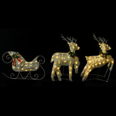 Gold wireframe reindeer and sleigh Christmas decoration with 100 warm white LED lights outdoors