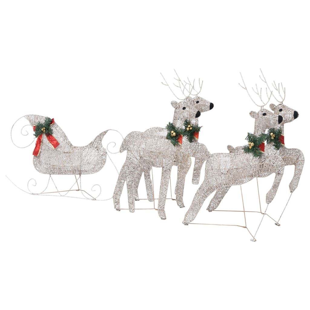 Gold reindeer and sleigh Christmas decoration with 100 warm white LEDs for outdoor use.
