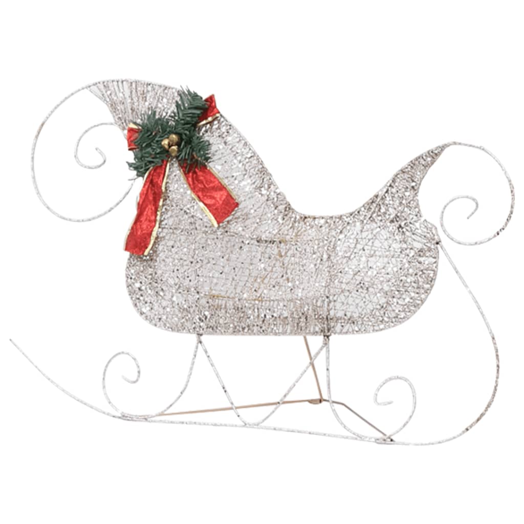 Golden metal reindeer pulling a sleigh, pre-lit with 100 warm white LEDs for outdoor Christmas display.