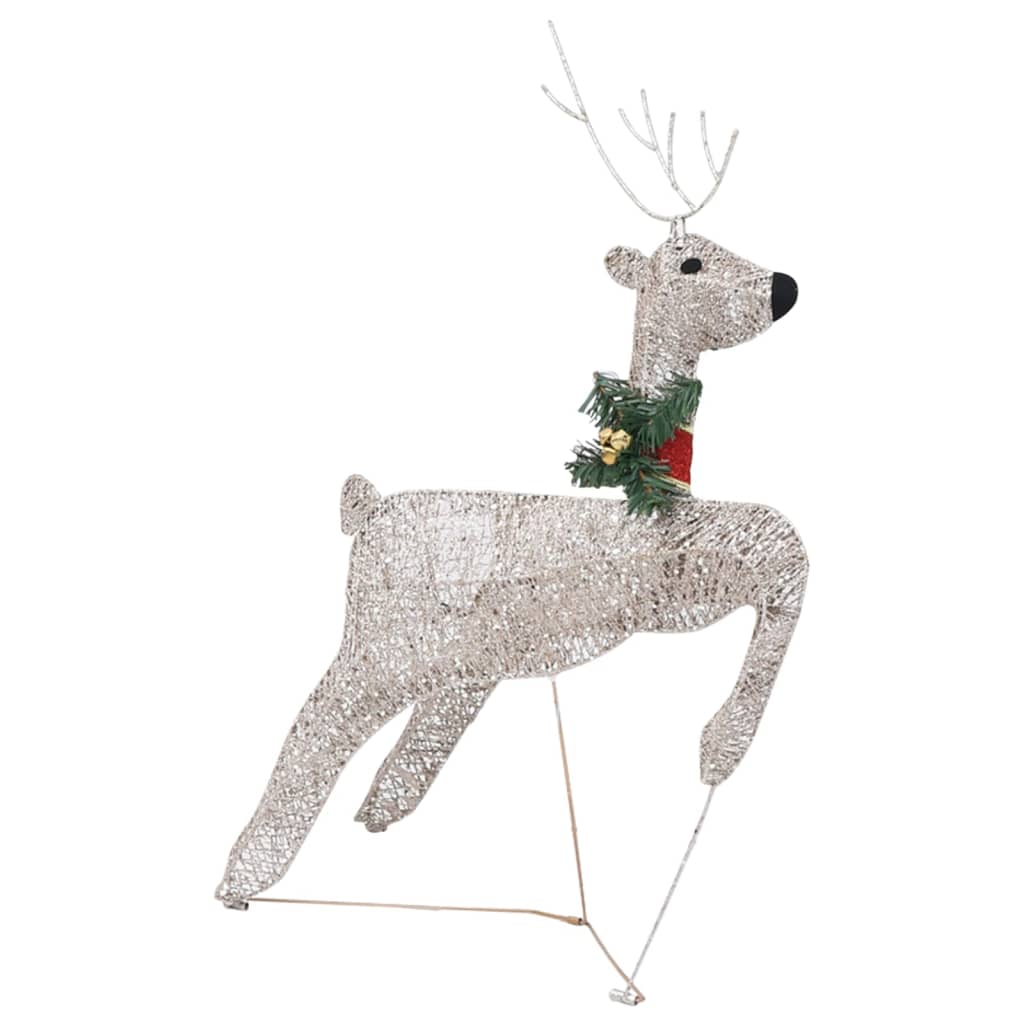 Gold mesh reindeer decoration with 100 warm white LEDs and greenery collar for outdoor use