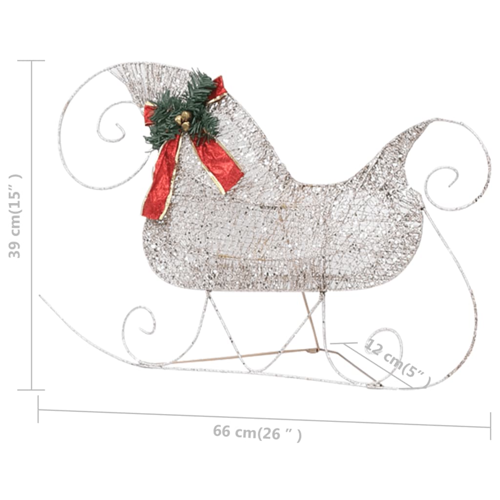 Golden metal reindeer and sleigh Christmas decoration with warm white LEDs, 66 cm long.