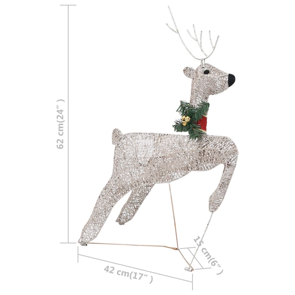 Golden reindeer decoration with 100 warm white LEDs and green wreath on neck, 62 cm tall.