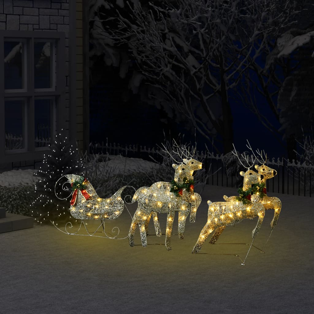 Gold reindeer and sleigh Christmas decoration with 100 warm white LED lights for outdoor use.