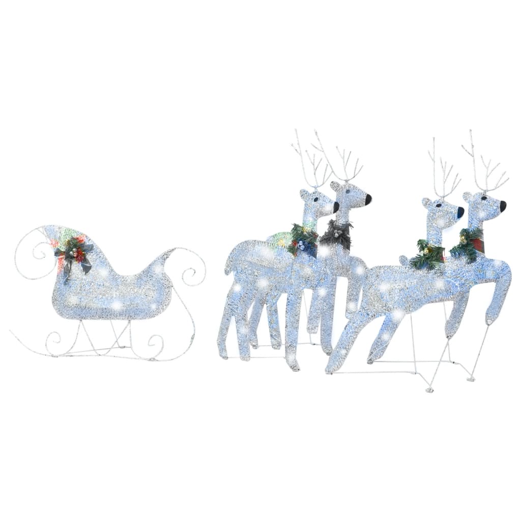 Silver reindeer and sleigh Christmas decoration with 100 LEDs.