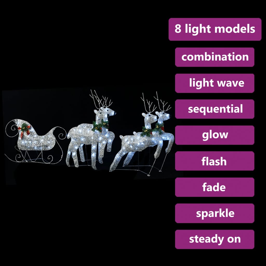 A silver reindeer and sleigh Christmas decoration with 8 light modes.