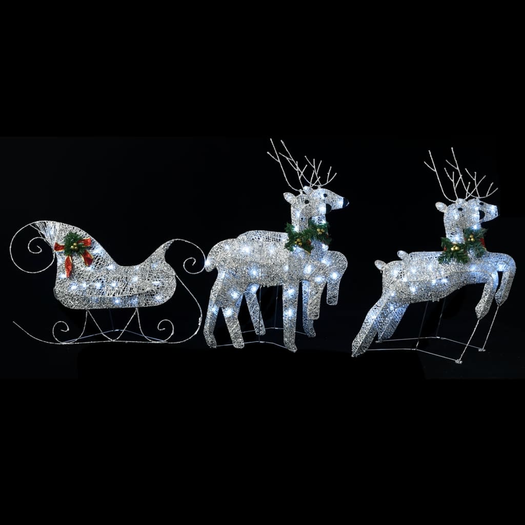 Silver reindeer and sleigh Christmas decoration with 100 LEDs.