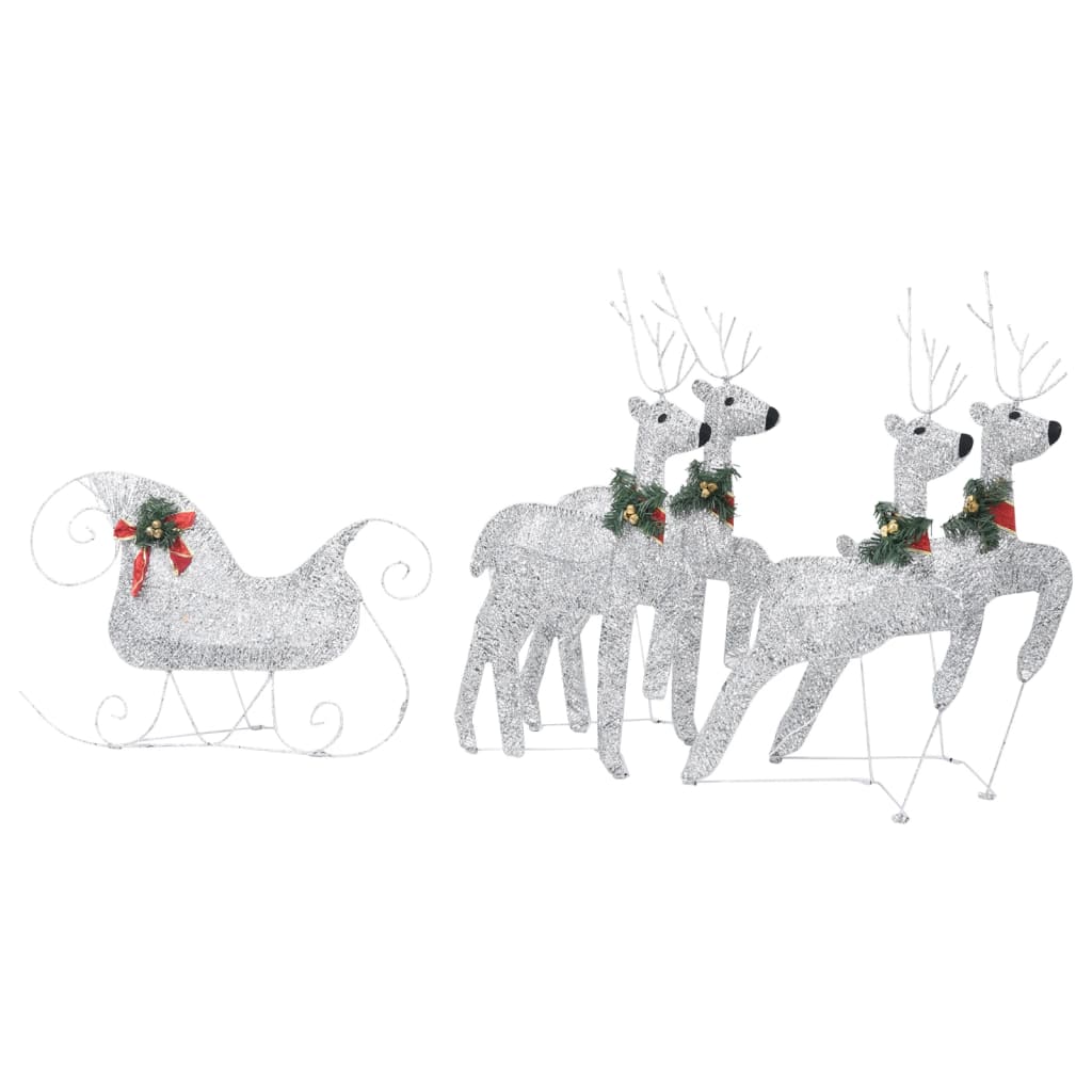 Silver glitter reindeer and sleigh Christmas decoration with four reindeer.