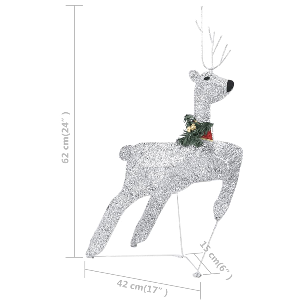 A silver glitter reindeer Christmas decoration with a green and red collar.