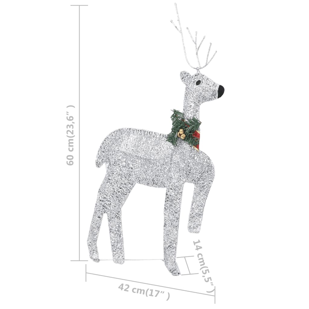 A silver glitter reindeer Christmas decoration with a green and red wreath, measuring 60x42 cm.
