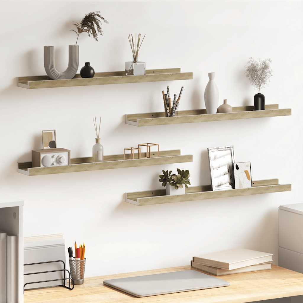 Wall Shelf Set of 4 White and Sonoma Oak MDF Compact