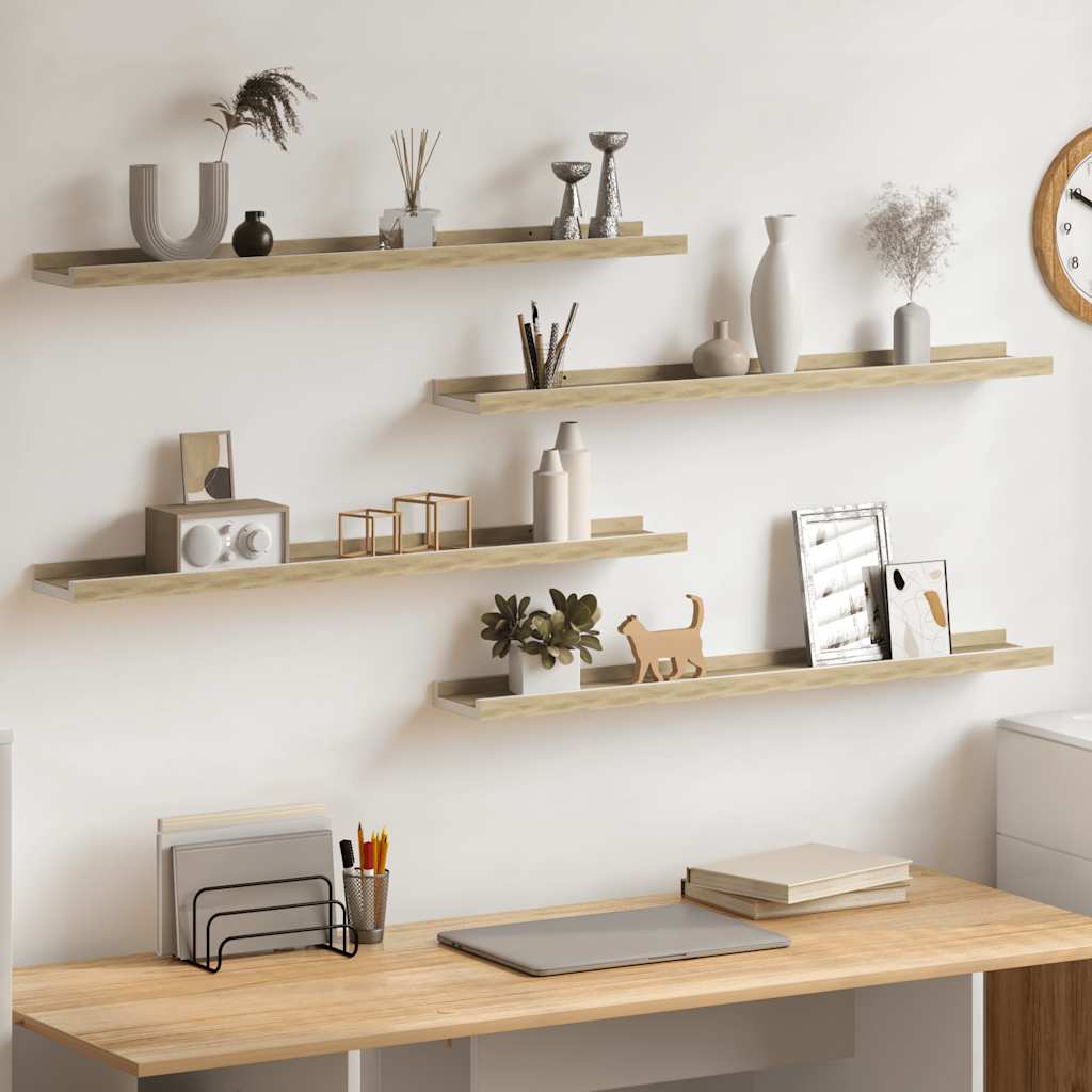 Wall Shelf Set of 4 White and Sonoma Oak MDF Medium