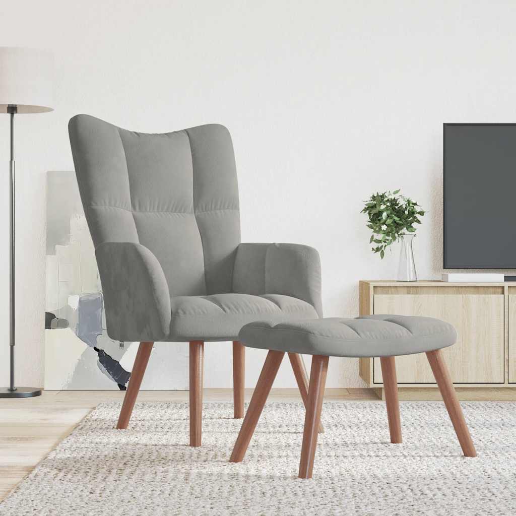 Relaxing Chair with a Stool Light Gray Velvet