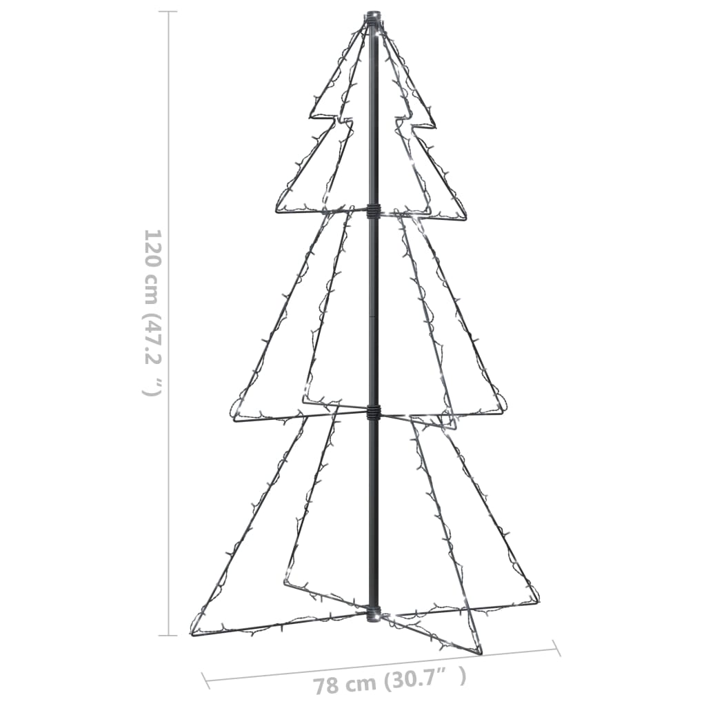 3x4 ft Christmas cone tree with 160 cold white LEDs on a metal frame.