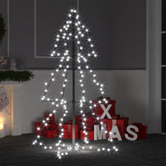 A 3x4 ft illuminated Christmas cone tree with 160 cold white LEDs on a metal frame, surrounded by holiday decorations.