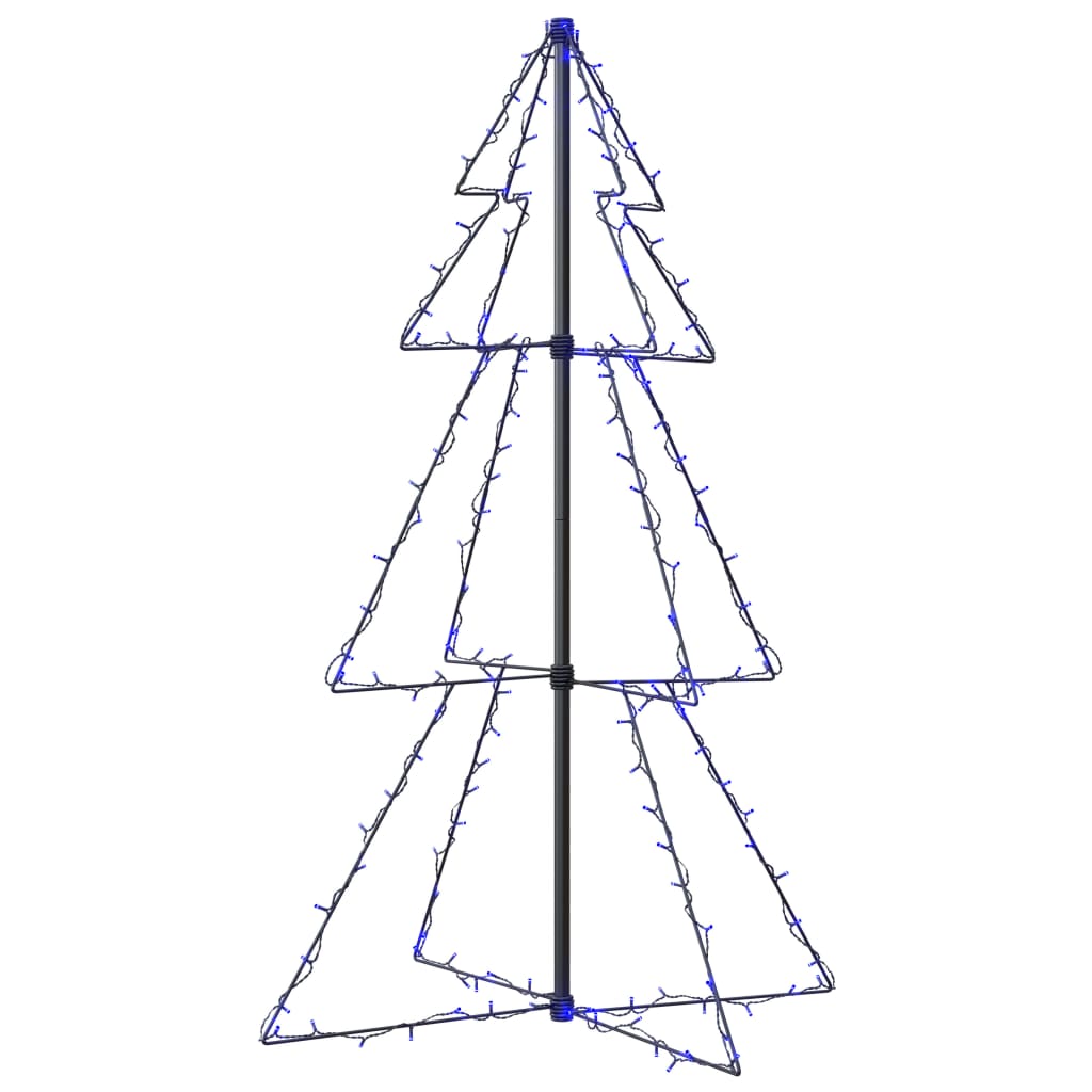 3x4 ft Christmas cone tree with 160 blue LEDs on a metal frame for indoor or outdoor use.