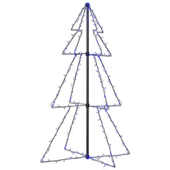 3x4 ft Christmas cone tree with 160 blue LEDs on a metal frame for indoor or outdoor use.